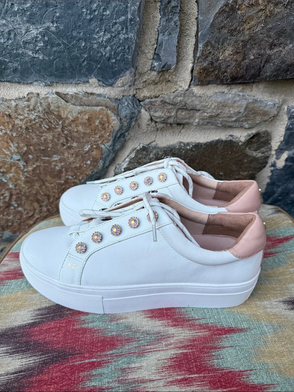 Kurt Geiger London Designer white rhinestone Leather sneakers Women size 38.5